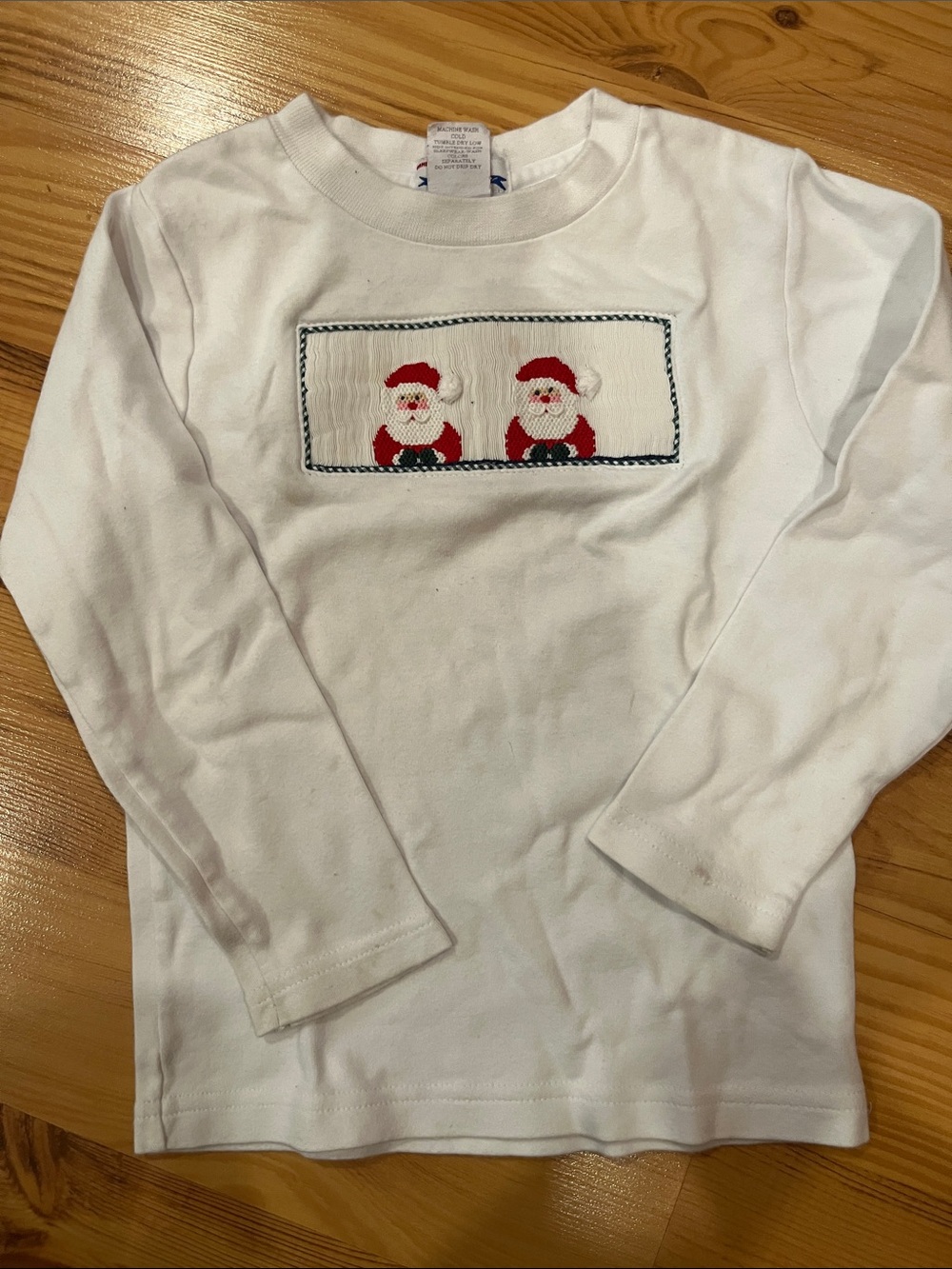 Girls' White Long-Sleeve Smocked Santa Panel Tee